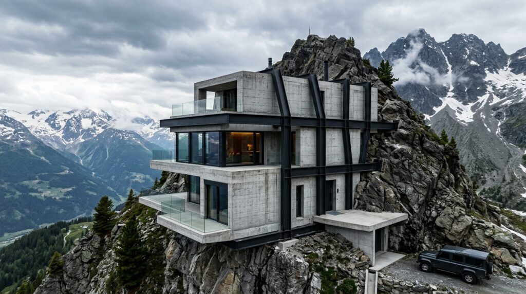 Brutalist Cantilevered Cliffside Villas and Structural Overhangs brutalist villa wraps mountain 202606081447