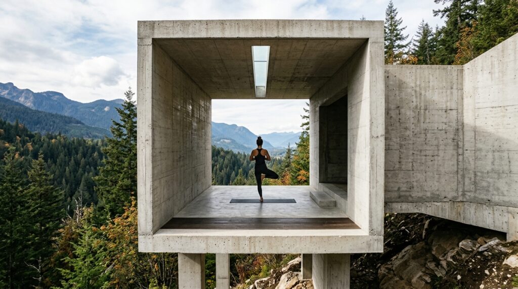brutalist yoga cube forest slope 202606131106