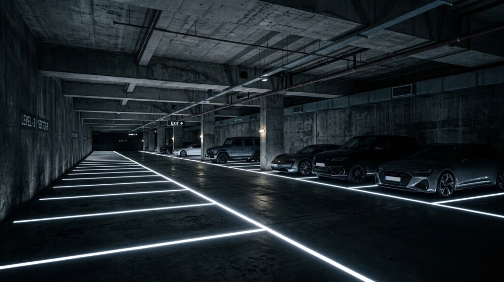 bunker parking bays glowing white 202606081428