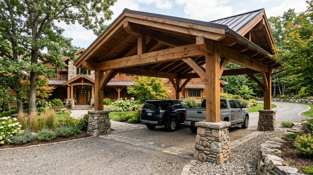 Timber Frame Carports That Add Rustic Charm to Your Front Yard carport entryway with stone base 202606152006