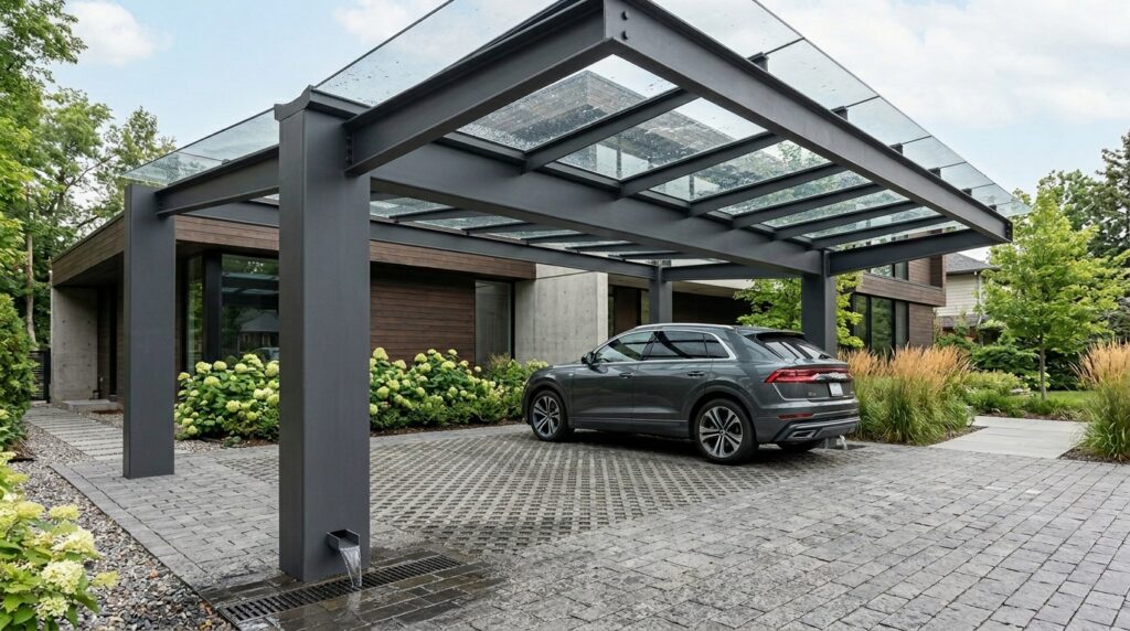 Minimalist Hidden Drainage Carport Designs for Clean Lines carport with glass canopy roof 202606161252