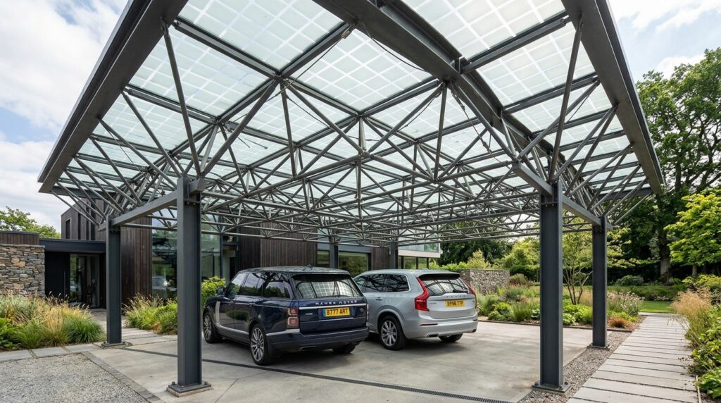 Industrial Steel & Glass Carport Ideas for Darker Driveways carport with glass tiles suvs 202606152230