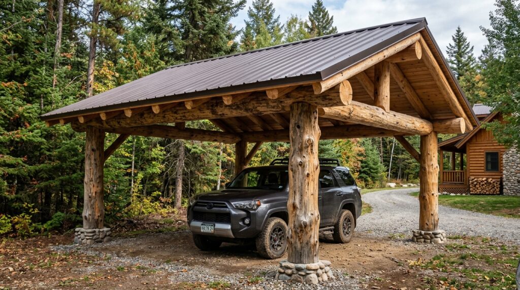 Timber Frame Carports That Add Rustic Charm to Your Front Yard carport with pine logs roof 202606152007