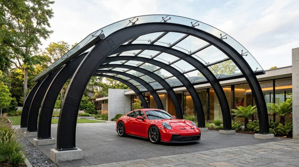 Industrial Steel & Glass Carport Ideas for Darker Driveways carport with sports car 202606152229