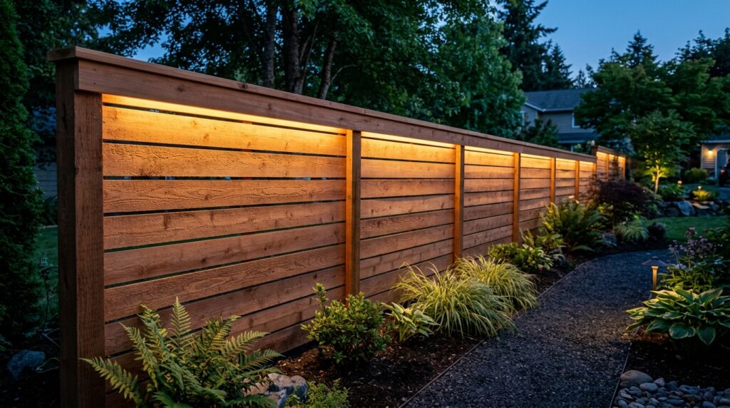 Horizontal Slatted Cedar Fences for a Clean Contemporary Look cedar fence with led rail 202606121349