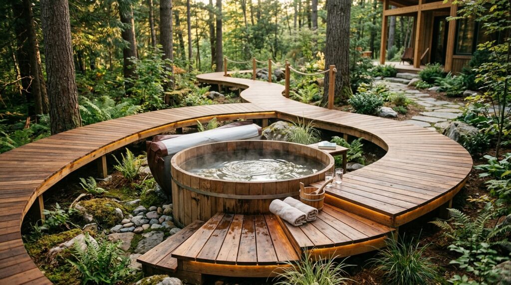 Modern Outdoor Wellness Spa Hubs For Premium Backyard Luxury cedar hot tub floating boardwalk 202606071509