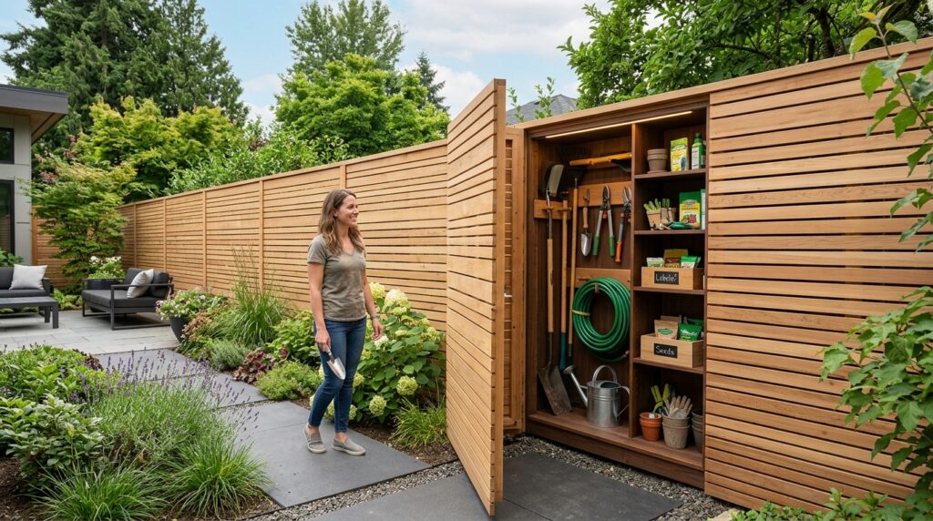 Hidden Utility Shed Layouts That Camouflage into Your Landscaping cedar slat fence garden shed 202606131130