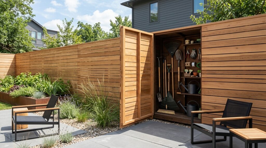 Hidden Utility Shed Layouts That Camouflage into Your Landscaping cedar slat fence garden shed 202606131139