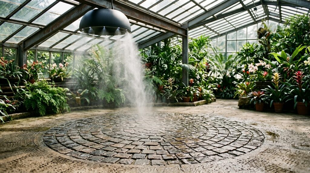 Brutalist Concrete Greenhouses and Hyper-Minimalist Botanical Pavilions ceiling misting dome over floor 202606081624