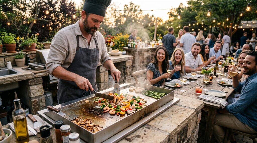 Modern Outdoor Kitchen And Bar Ideas For Premium Backyard Hosting chef cooking for seated guests 202606071606