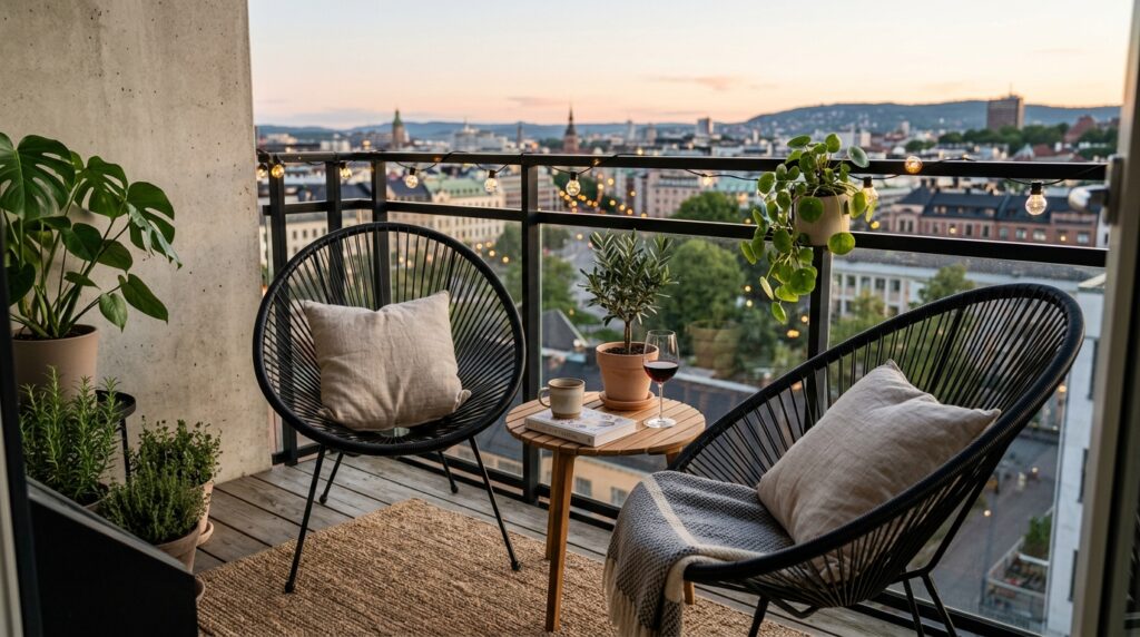 Outdoor Balcony Oasis Ideas For Cozy Urban Living chic balcony with black chairs 202606061621