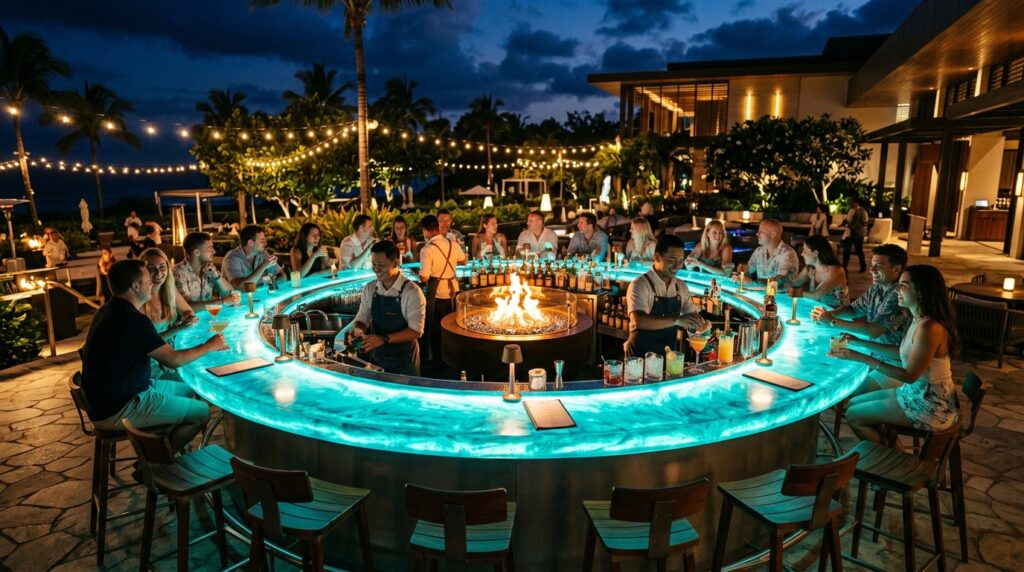 Custom Luxury Outdoor Bars with Backlit Translucent Resin Counters circular bar with fire pit 202606181238