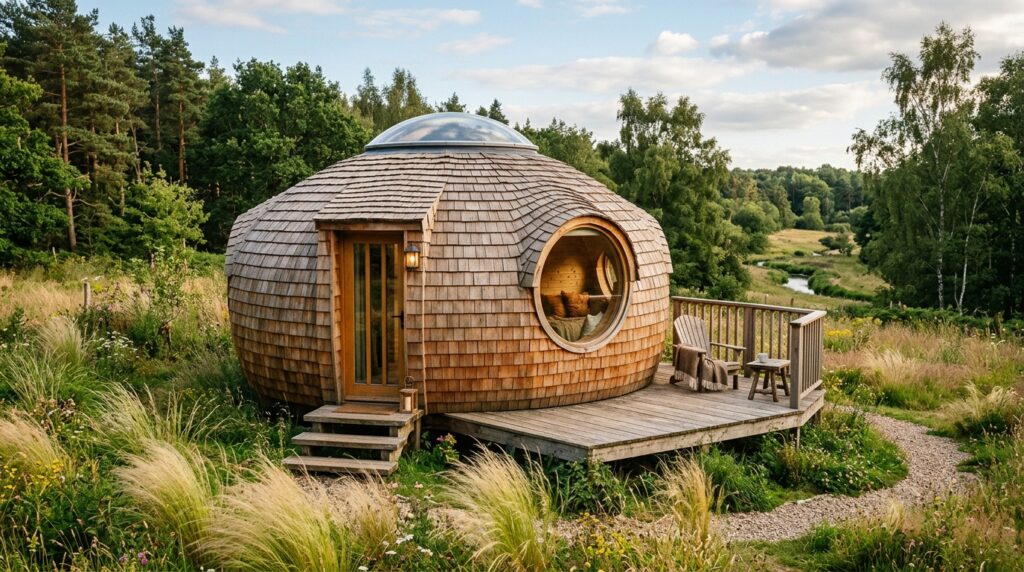 Luxury Glamping Cabins Tucked Safely into Large Backyard Edges circular glamping pod cedar shin… 202606141428