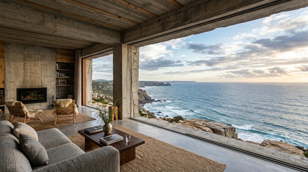 Brutalist Cantilevered Cliffside Villas and Structural Overhangs cliffside living room open frame 202606081452