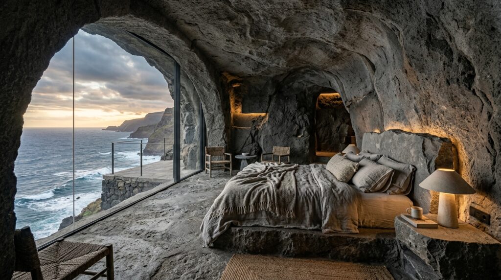 Brutalist Cantilevered Cliffside Villas and Structural Overhangs cliffside master suite overlooki… 202606081449