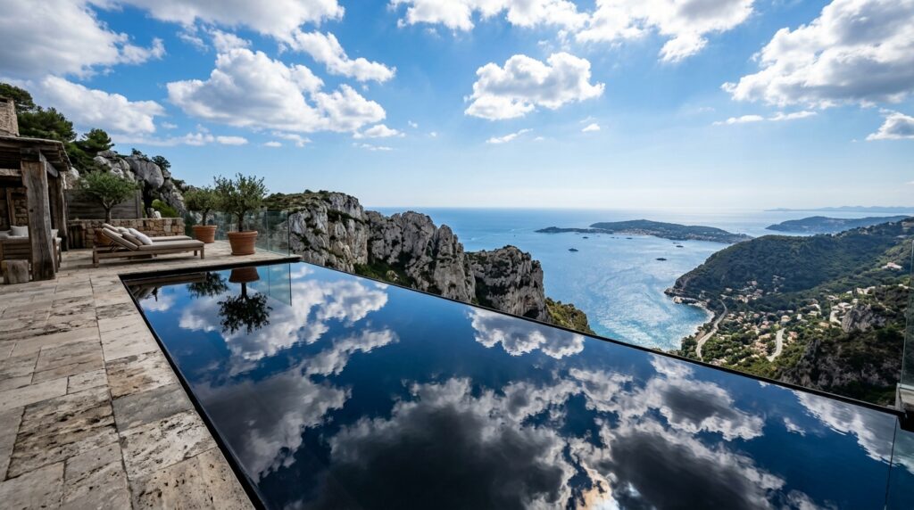 Brutalist Cantilevered Cliffside Villas and Structural Overhangs cliffside terrace water mirror r… 202606081456