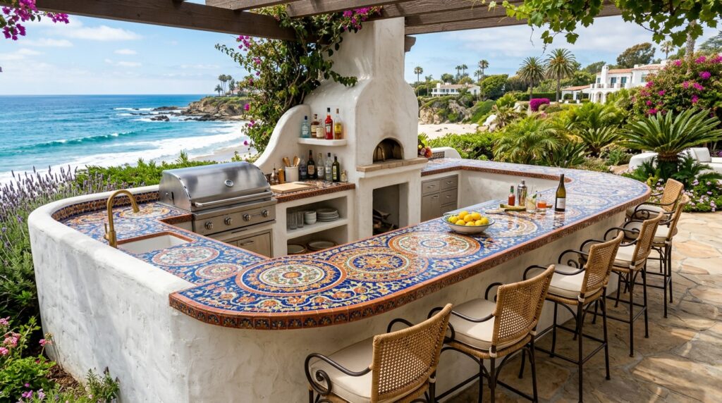 Whitewashed Stucco Mediterranean Kitchens with Mosaic Tile Tops coastal backyard kitchen bar 202606181247
