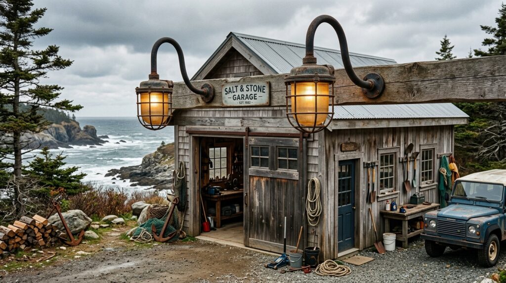 Industrial Gooseneck Fixtures to Illuminate Outdoor Garage Headers coastal garage workshop vapor li… 202606102355