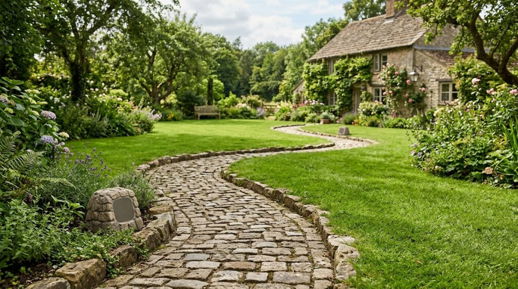 Hidden Outdoor Bluetooth Speaker Rocks for Disappearing Audio cobblestone path through green lawn 202606101227