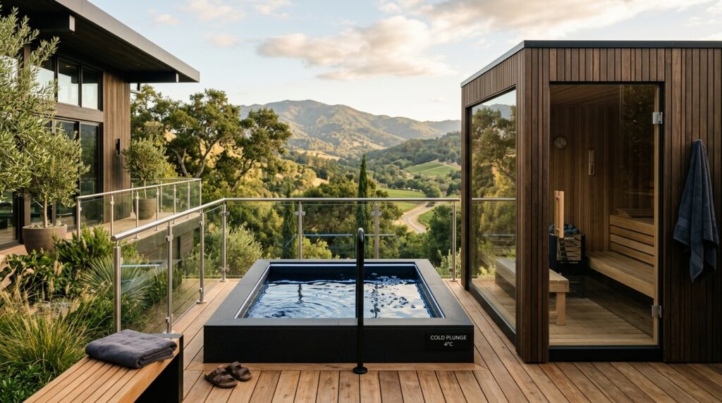 Modern Outdoor Wellness Spa Hubs For Premium Backyard Luxury cold plunge basin next sauna 202606071509