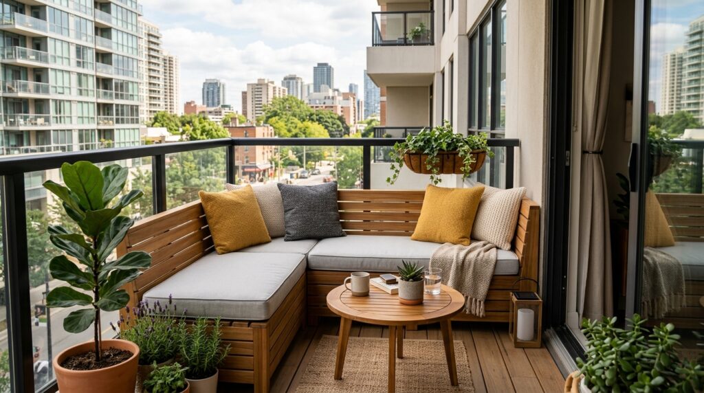 Outdoor Balcony Oasis Ideas For Cozy Urban Living compact balcony with wooden banq… 202606061621