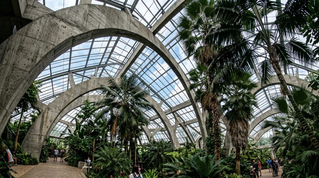 Brutalist Concrete Greenhouses and Hyper-Minimalist Botanical Pavilions concrete arches framing palms 202606081551