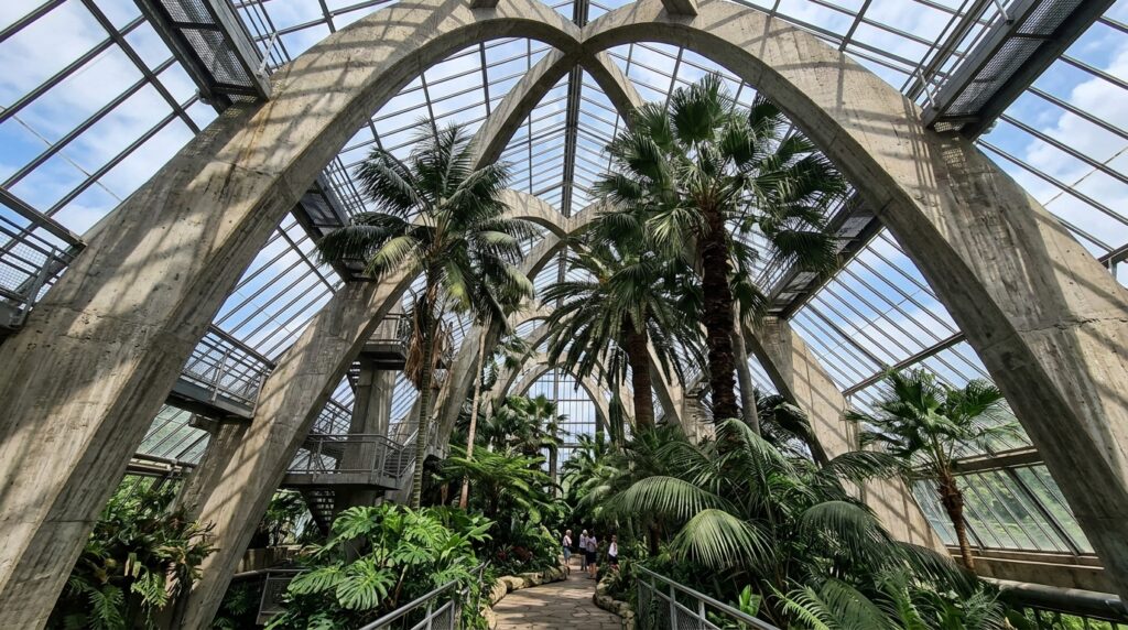 Brutalist Concrete Greenhouses and Hyper-Minimalist Botanical Pavilions concrete arches framing palms 202606081552