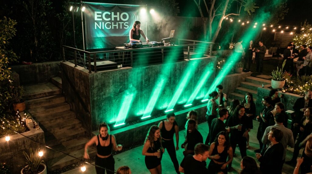 Sound-Activated Accent Lights to Elevate Outdoor DJ and Bar Stations concrete backyard stage green light 202606101413