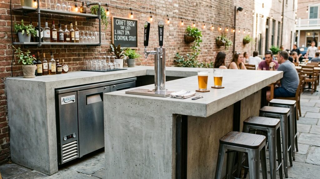 Under-Counter Beverage Center Setups Perfect for Summer Parties concrete bar with beer kegerator 202606181715