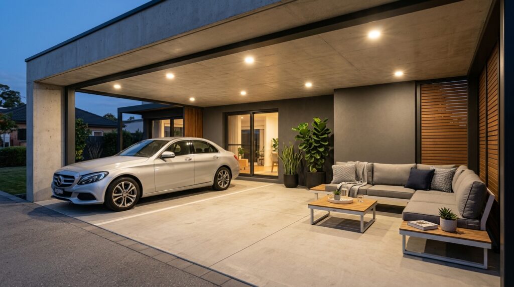 concrete carport with sedan and 202606042104