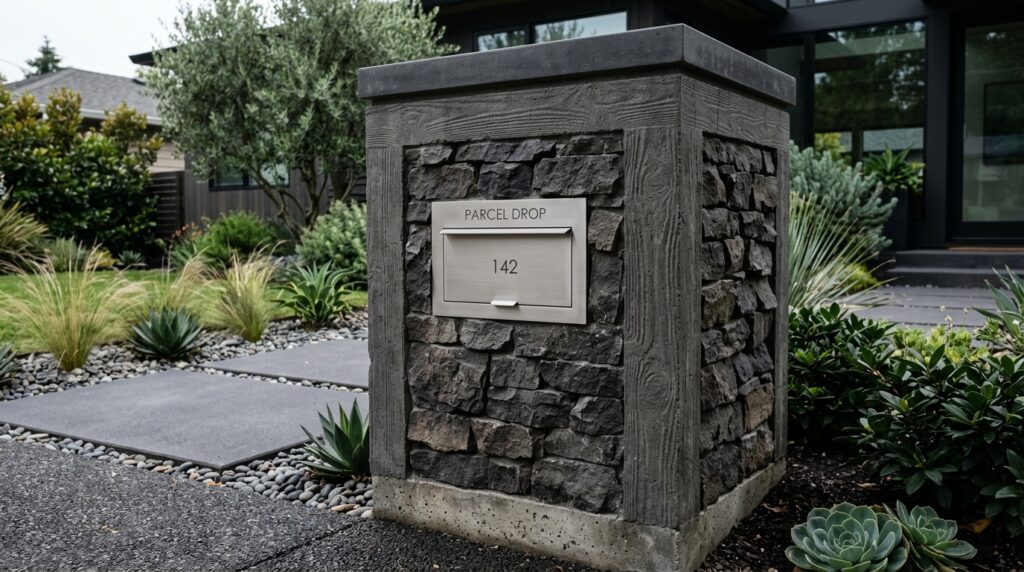 Frontyard Manifestos Built on Basalt Foundations and Quartzite Paths concrete column with basalt parc… 202606100848