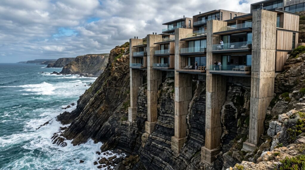 Brutalist Cantilevered Cliffside Villas and Structural Overhangs concrete columns lock into cliff 202606081444