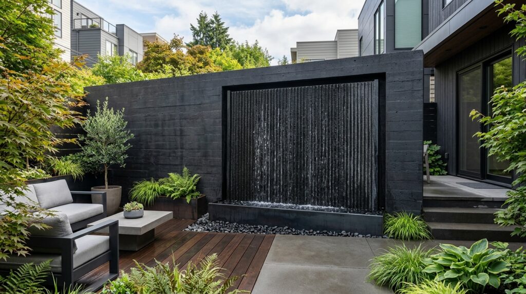 Contemporary Water Walls Using Dark Granite and Rippling Flows concrete fence with granite wate… 202606102239