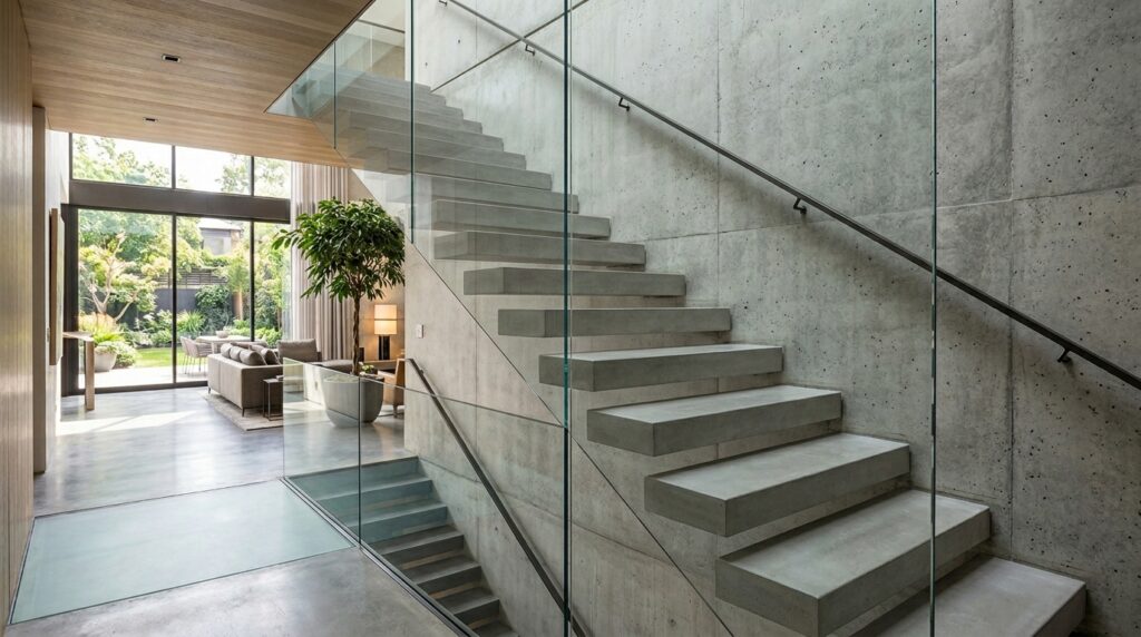 Floating Architectural Stairs Made of Raw Poured Concrete concrete floating staircase glass 202606131932