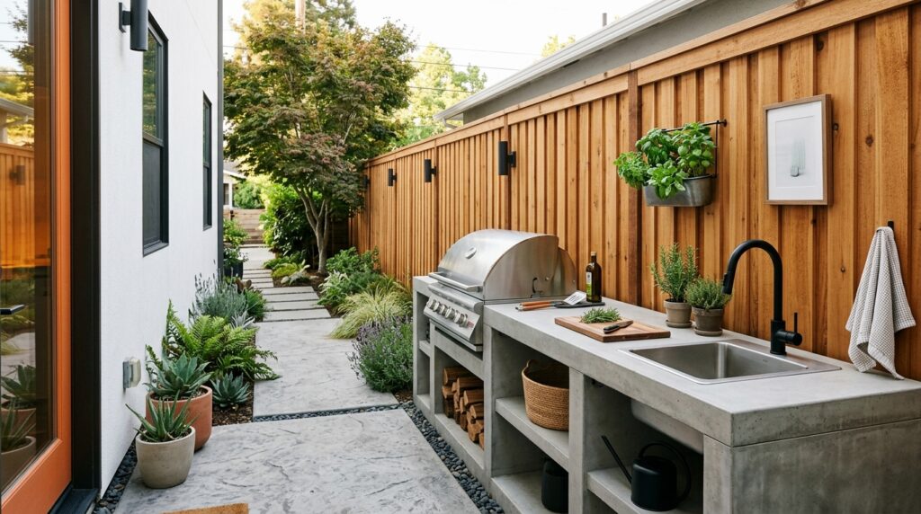 Modern Outdoor Kitchen And Bar Ideas For Premium Backyard Hosting concrete galley counter cedar fence 202606071606