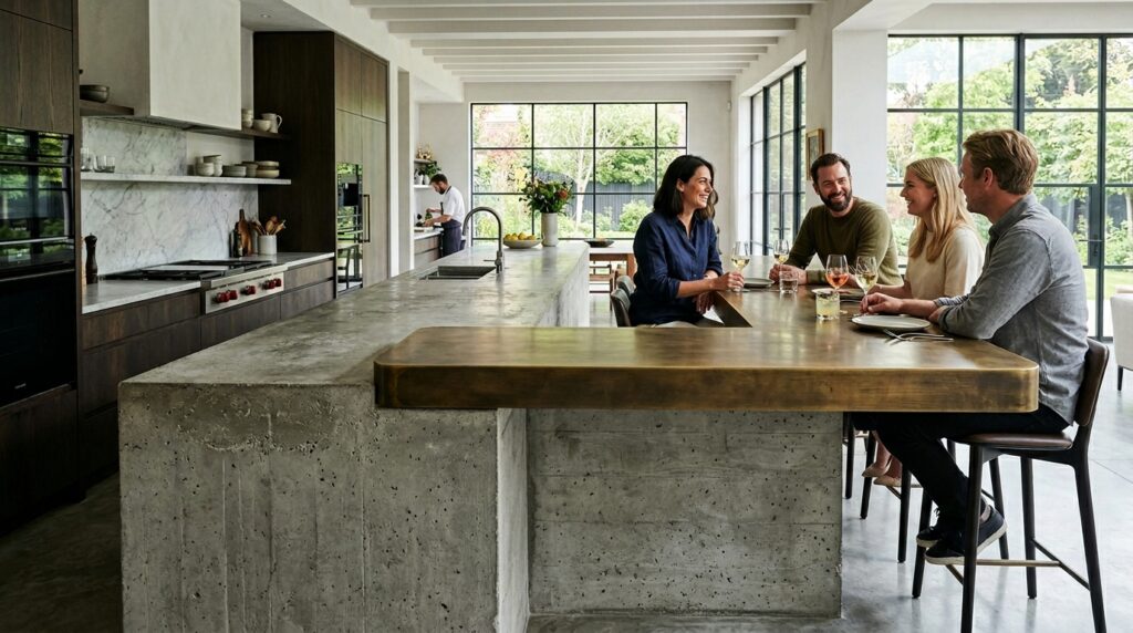 Modern Backyard Culinary Lounges Crafted for Ultra-Premium Hospitality concrete island with brass seating 202606081905