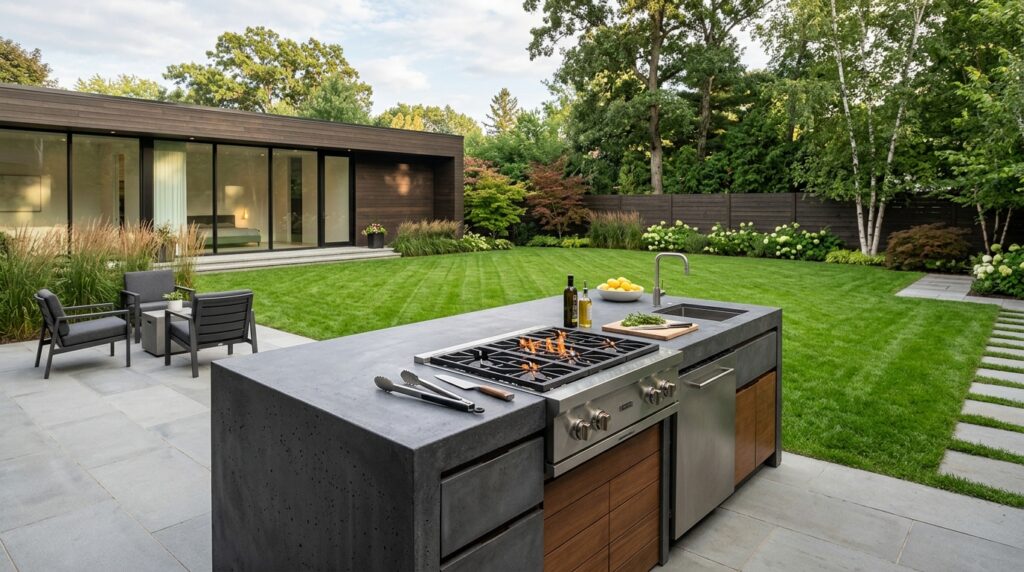 Modern Outdoor Kitchen And Bar Ideas For Premium Backyard Hosting concrete island with burners lawn 202606071607