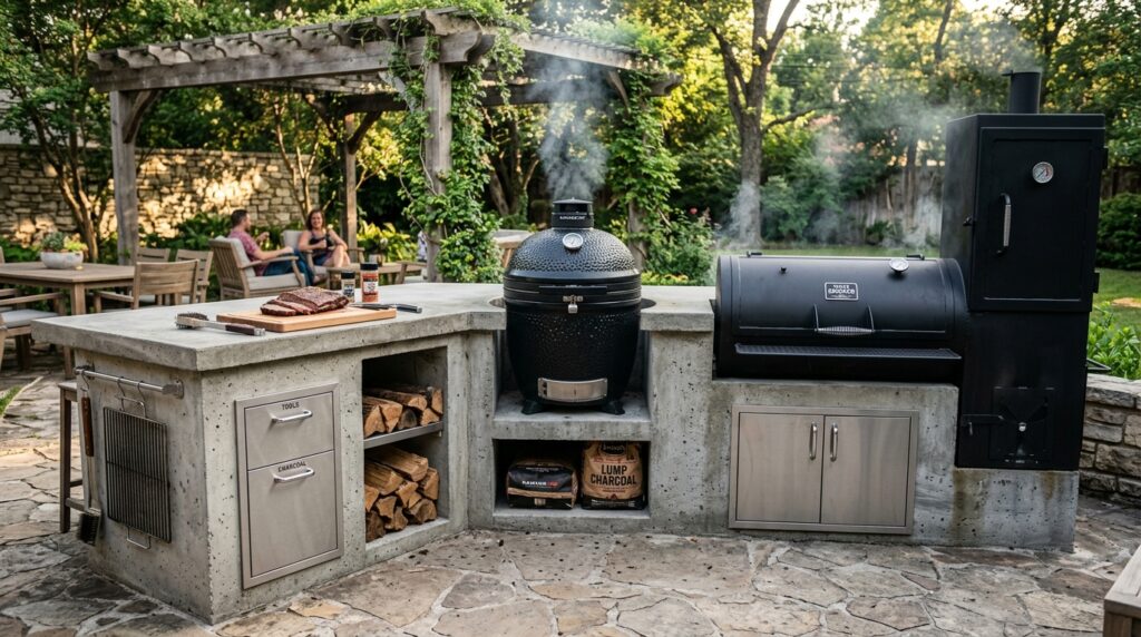 Outdoor Kitchen and Bar Ideas for Ultimate Backyard Fun concrete island with grill smoker 202606061834