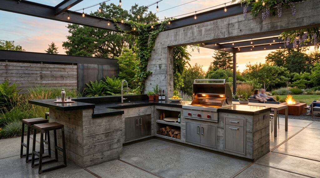 L-Shaped Multi-Functional Kitchen Layouts for Open-Air Patios concrete kitchen with granite co… 202606171128
