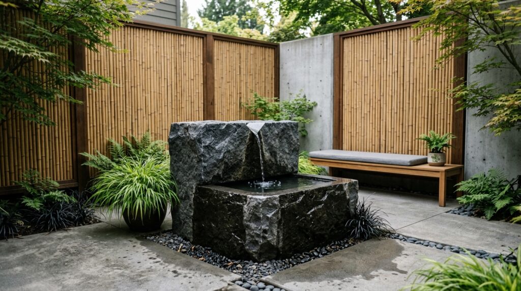 Monolithic Stone Water Bowls with Slow Spillways for Zen Courtyards concrete patio with bamboo screens 202606101355