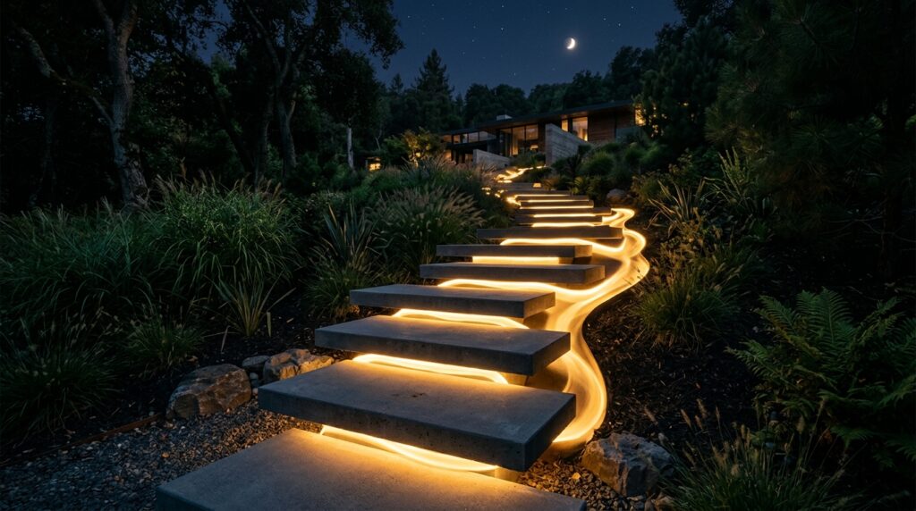Modern Pathways and Walkway Ideas For a Luxurious Entry concrete paver steps floating light 202606062041