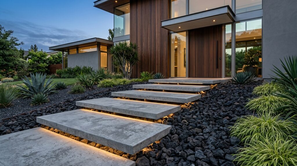 Architectural Frontyard Manifestos for Uncompromising Curb Appeal concrete slabs over volcanic stones 202606081924