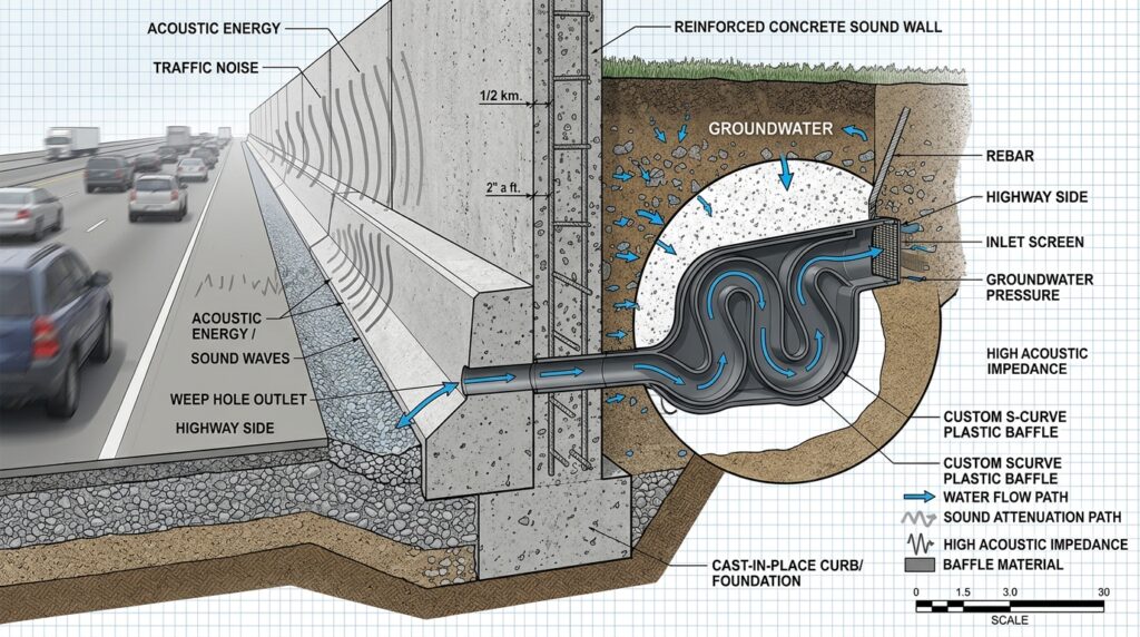 concrete sound wall drainage holes 202606111220