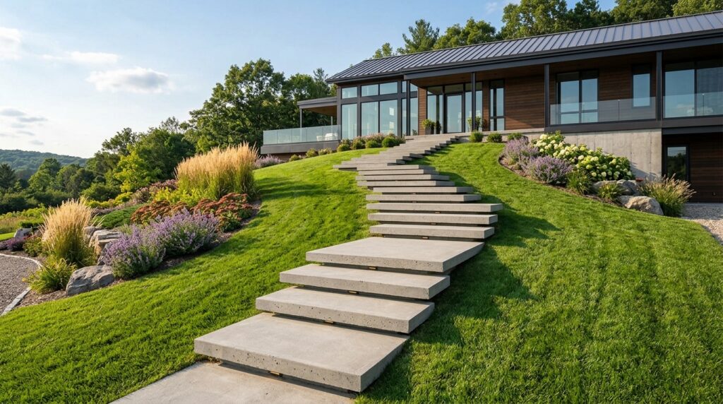 Modern Pathways and Walkway Ideas For a Luxurious Entry concrete steps rising grass hill 202606062041