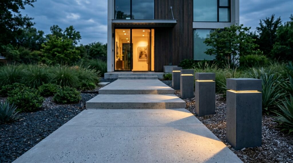 Minimalist Square Bollard Lights for Clean, Straight Garden Paths concrete walkway with light boll… 202606101511