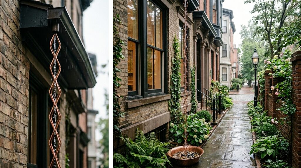 Copper Rain Chains That Turn Runoff Water into Beautiful Art Features copper rain chain on townhouse 202606101159