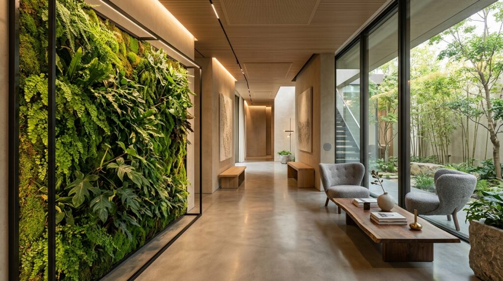 Modern Elevated Skywalks Connecting Luxury Estate Wings corridor lounge with plant wall 202606072126