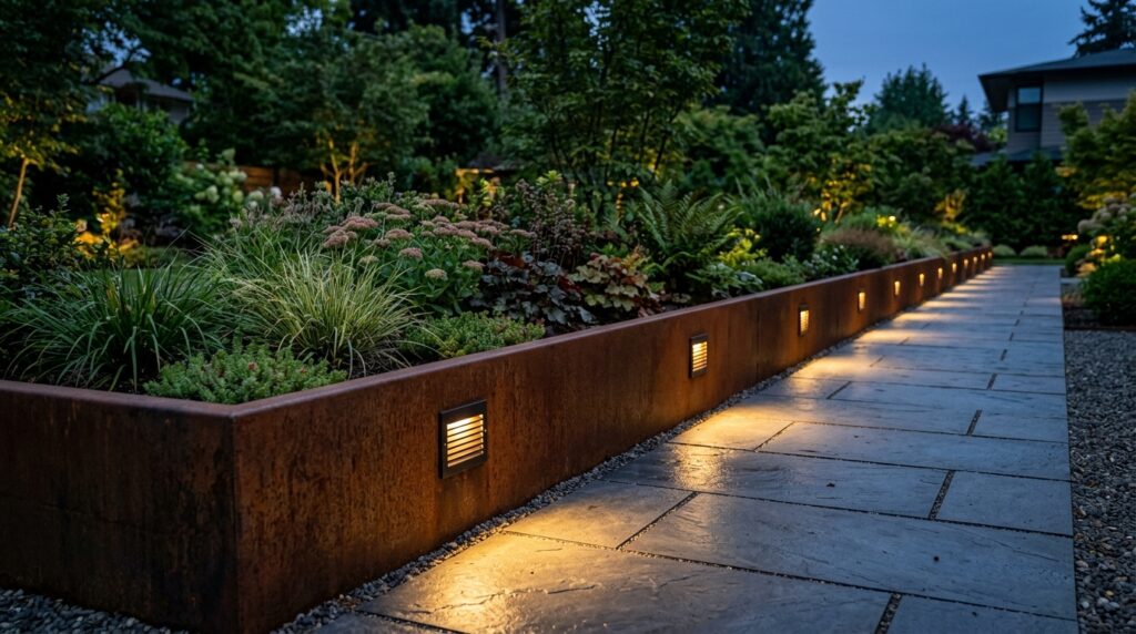 corten planter parallel slate path 202606102344