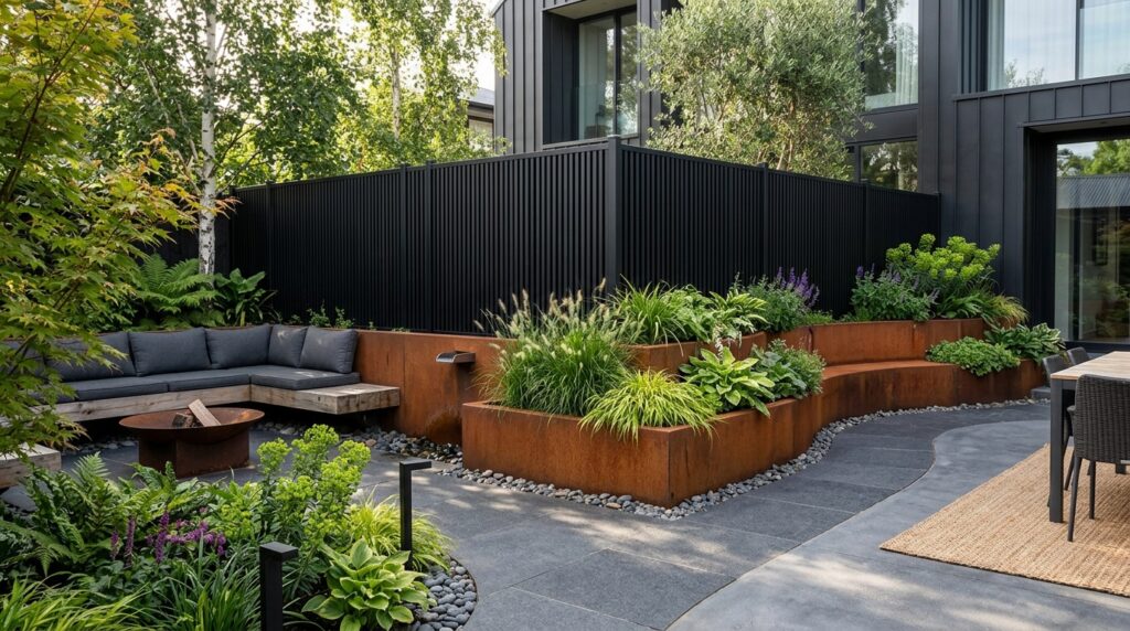 Tiered Retaining Fences Combining Planter Boxes with Boundary Posts corten steel planters matte blac… 202606111048
