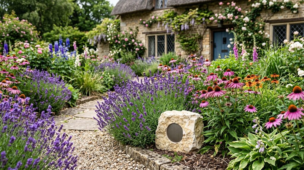 Hidden Outdoor Bluetooth Speaker Rocks for Disappearing Audio cottage garden with lavender con… 202606101220